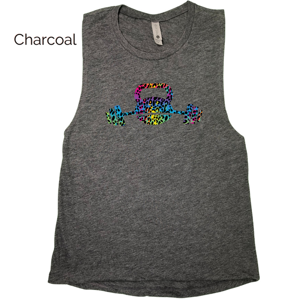 Rainbow leopard kettlebell and barbell muscle tank - Liberte Lifestyles Fitness apparel