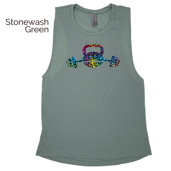 Rainbow leopard kettlebell and barbell muscle tank - Liberte Lifestyles Fitness apparel