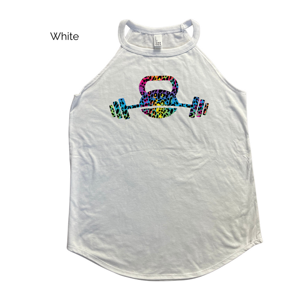 Kettlebell rainbow leopard print rocker tank - Liberte Lifestyles Fitness apparel