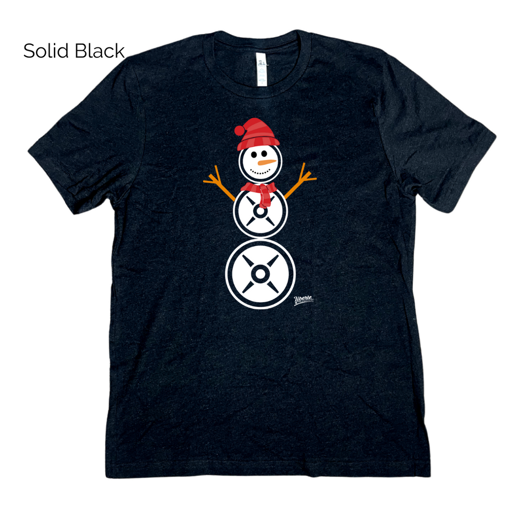 Lifting snowman tshirt - Weight plate snowman shirt - Liberte Lifestyles Christmas workout tops.