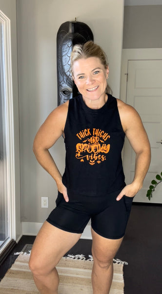 Thick thigh spooky vibes women's crop tank for halloween workout clothing shirt