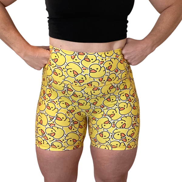 Happy go ducky yellow rubber duck 5" lifestyle shorts - Liberte Lifestyles Gym Shorts and apparel for crossfit weightlifting