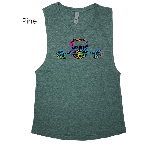 Kettlebell tank - rainbow leopard barbell top - Liberte Lifestyles Workout tanks