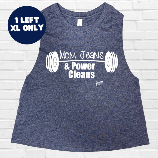 Mom Jeans & Power Cleans Crop Tank  - Heather Navy - FINAL SALE - XL only