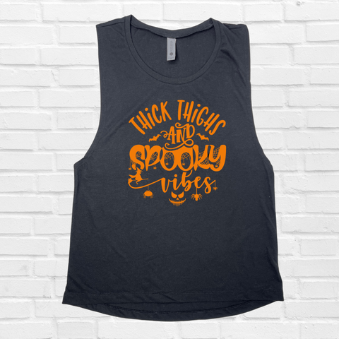 Thick Thighs and Spooky Vibes Muscle Tank - Black - FINAL SALE