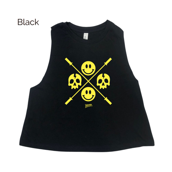 Happy Skulls crop tank - barbell skull smiley emoji tank - Liberte Lifestyles Fitness tanks