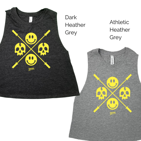 Happy Skulls crop tank - barbell skull smiley emoji tank - Liberte Lifestyles Fitness tanks