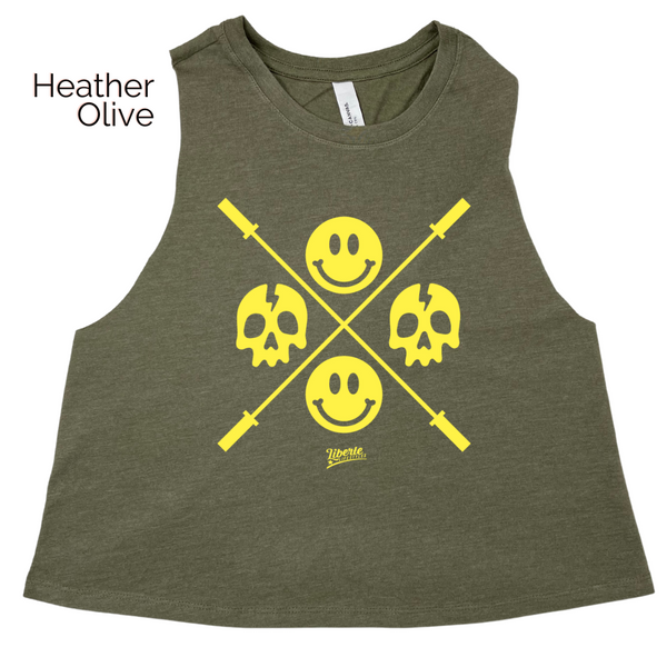 Happy Skulls crop tank - barbell skull smiley emoji tank - Liberte Lifestyles Fitness tanks