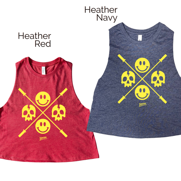 Happy Skulls crop tank - barbell skull smiley emoji tank - Liberte Lifestyles Fitness tanks