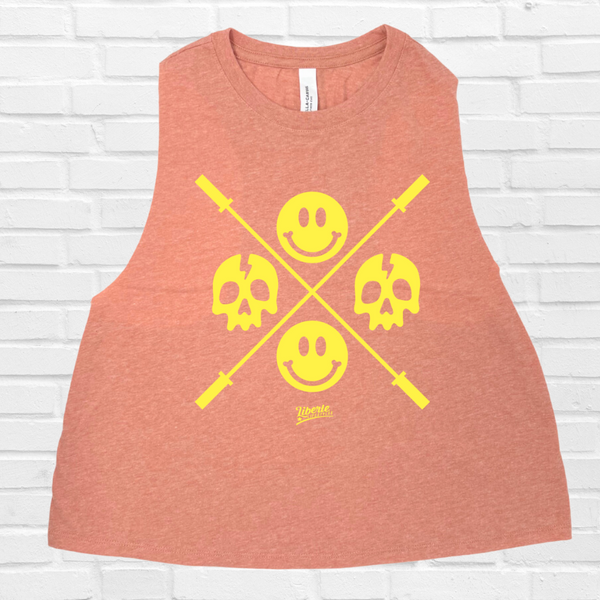 Happy Skulls crop tank - barbell skull smiley emoji tank - Liberte Lifestyles Fitness tanks