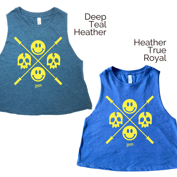 Happy Skulls crop tank - barbell skull smiley emoji tank - Liberte Lifestyles Fitness tanks