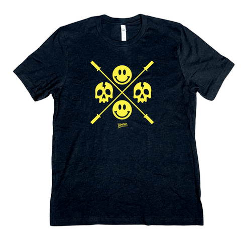 Happy skulls tee - Barbell skull smiley emoji tshirt - Liberte Lifestyles Fitness Tees