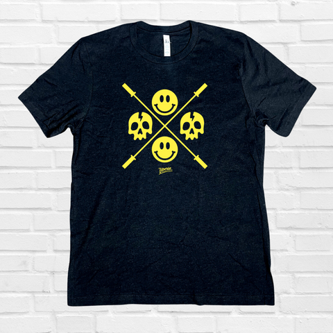 Happy skulls tee - Barbell skull smiley emoji tshirt - Liberte Lifestyles Fitness Tees