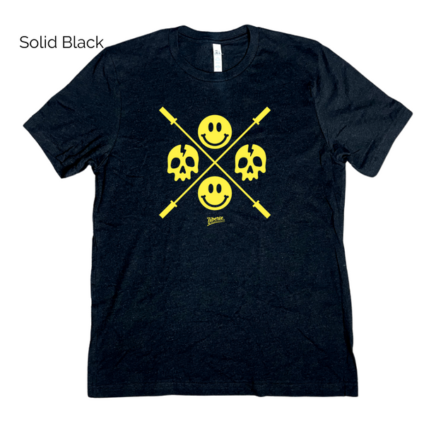 Happy skulls tee - Barbell skull smiley emoji tshirt - Liberte Lifestyles Fitness Tees