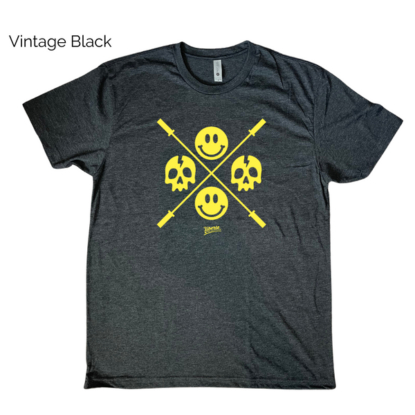 Happy skulls tee - Barbell skull smiley emoji tshirt - Liberte Lifestyles Fitness Tees