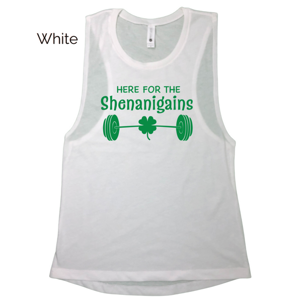 Here for the shenanigains muscle tank - st patricks day workout top - Liberte Lifestyles