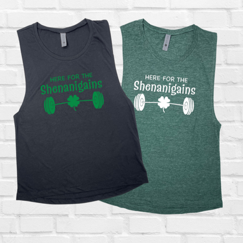 Here for the shenanigains muscle tank - st patricks day workout top - Liberte Lifestyles