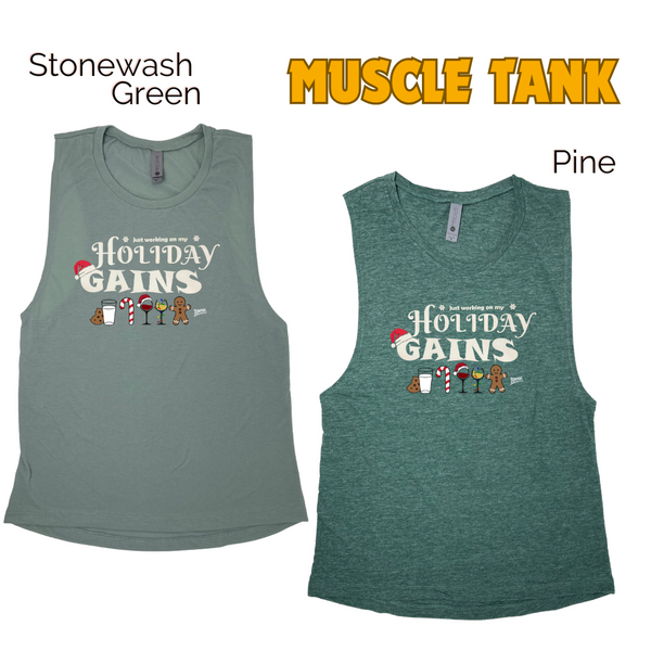 Holiday gains tank. Funny christmas workout tank. Liberte Lifestyles fitness apparel.