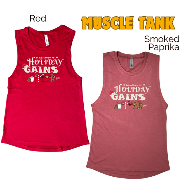 Holiday gains tank. Funny christmas workout tank. Liberte Lifestyles fitness apparel.