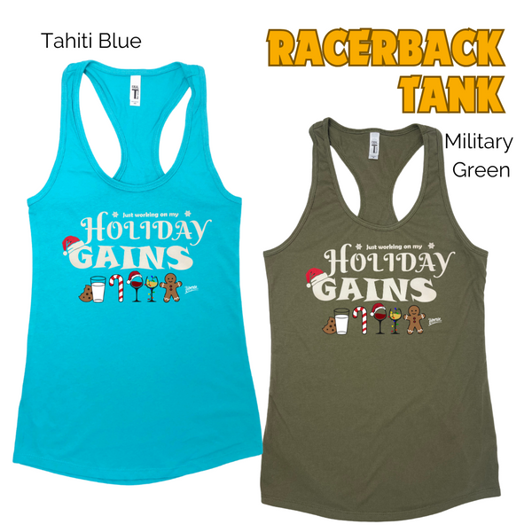 Holiday gains tank. Funny christmas workout tank. Liberte Lifestyles fitness apparel.