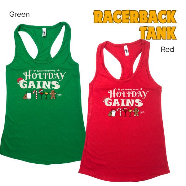 Holiday gains tank. Funny christmas workout tank. Liberte Lifestyles fitness apparel.