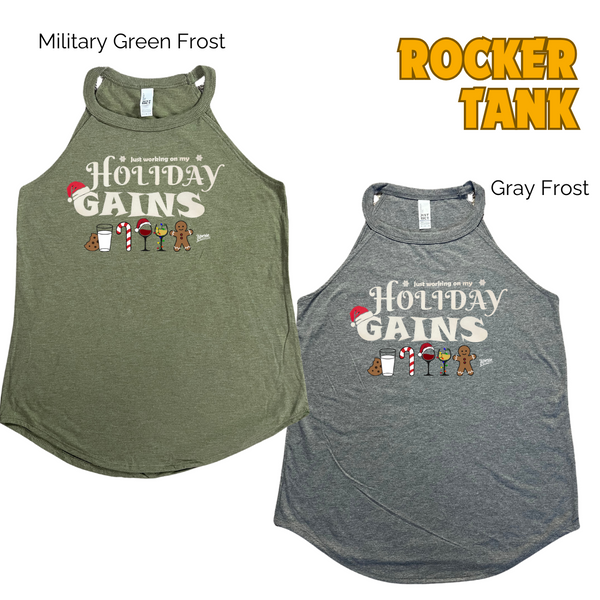 Holiday gains tank. Funny christmas workout tank. Liberte Lifestyles fitness apparel.