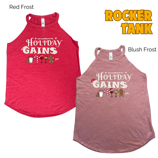 Holiday gains tank. Funny christmas workout tank. Liberte Lifestyles fitness apparel.