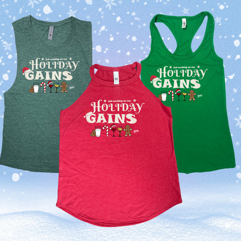 Holiday gains tank. Funny christmas workout tank. Liberte Lifestyles fitness apparel.