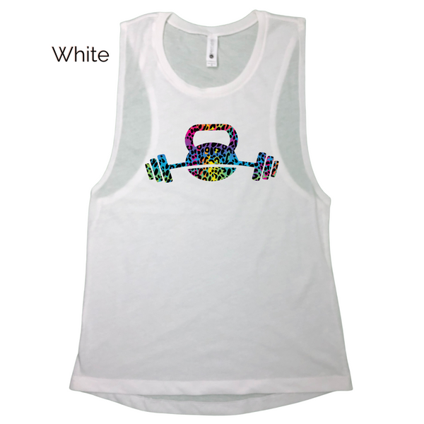 Kettlebell tank - rainbow leopard barbell top - Liberte Lifestyles Workout tanks