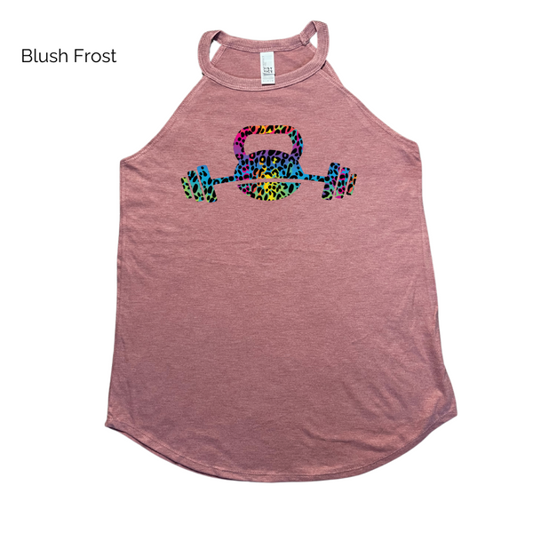 Kettlebell tank - rainbow leopard barbell top - Liberte Lifestyles Workout tanks