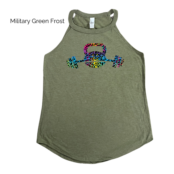 Kettlebell tank - rainbow leopard barbell top - Liberte Lifestyles Workout tanks