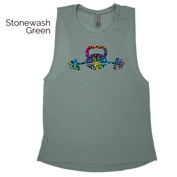 Kettlebell tank - rainbow leopard barbell top - Liberte Lifestyles Workout tanks