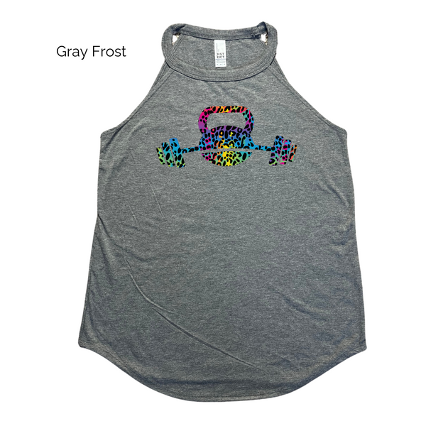 Kettlebell tank - rainbow leopard barbell top - Liberte Lifestyles Workout tanks