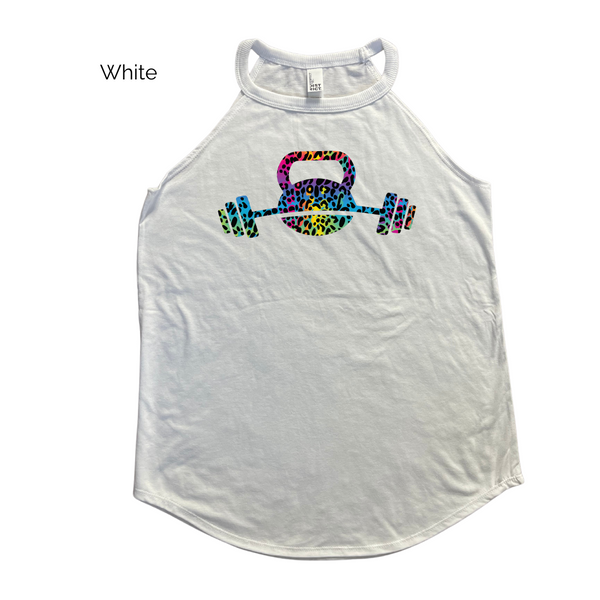 Kettlebell tank - rainbow leopard barbell top - Liberte Lifestyles Workout tanks