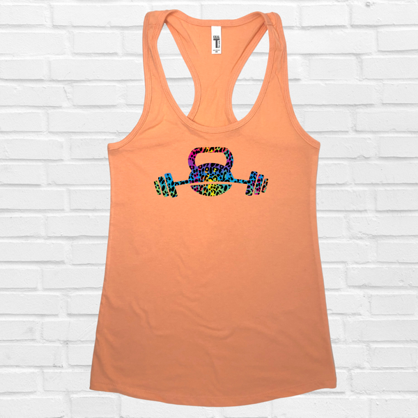 Kettlebell racerback tank - Liberte Lifestyles Fitness workout tanks - Rainbow leopard tank