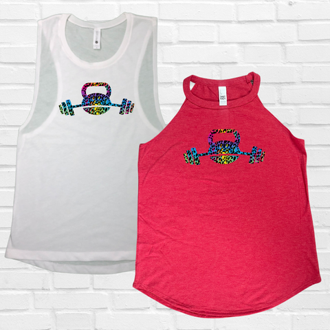 Kettlebell tank - rainbow leopard barbell top - Liberte Lifestyles Workout tanks