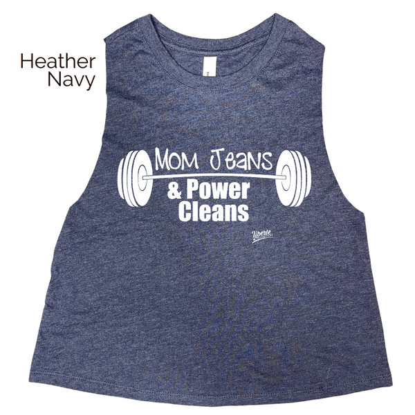 Mom Jeans & Power Cleans Crop Tank - Heather Navy - FINAL SALE