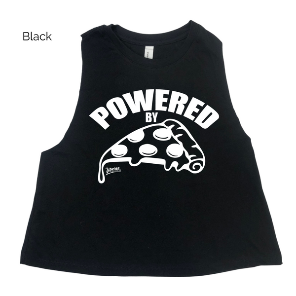 POWERED BY PIZZA CROP TANK - PIZZA LOVER WORKOUT TOP - LIBERTE LIFESTYLES FITNESS TANKS