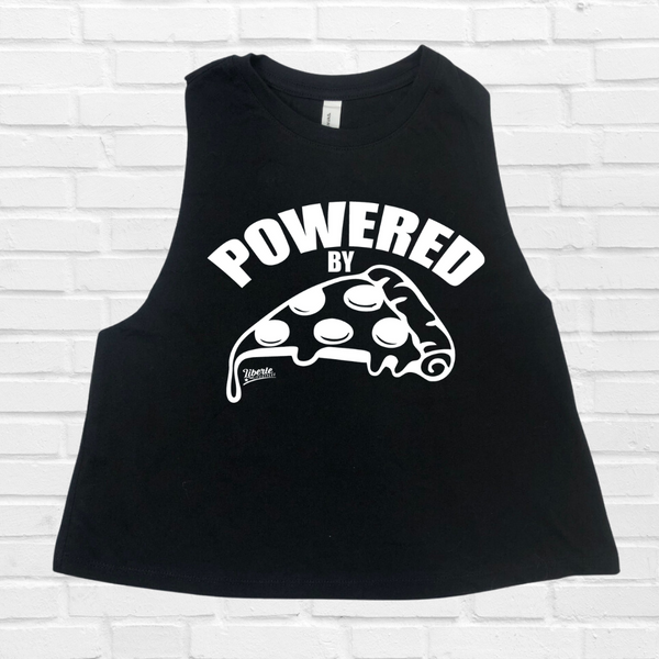 POWERED BY PIZZA CROP TANK - PIZZA LOVER WORKOUT TOP - LIBERTE LIFESTYLES FITNESS TANKS