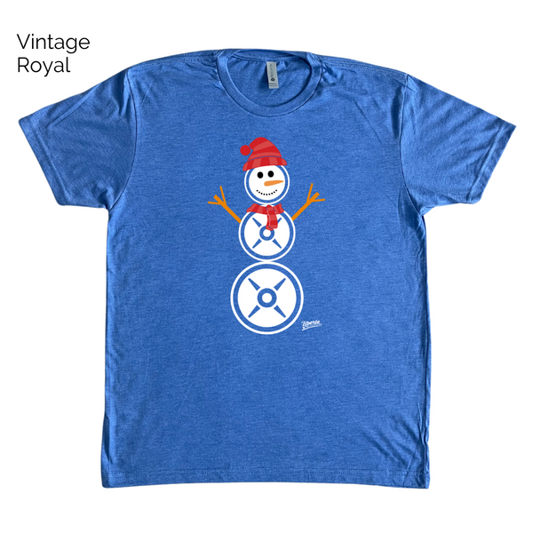 Lifting snowman tshirt - Weight plate snowman shirt - Liberte Lifestyles Christmas workout tops.
