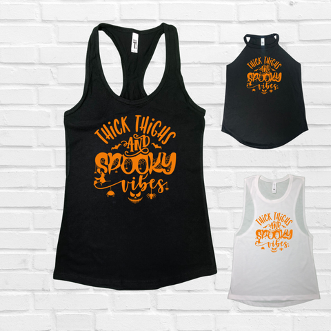 Thick thighs spooky vibes tank - Liberte Lifestyles Halloween fitness tanks