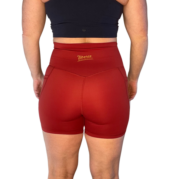 Libertelifestyles dark red 5" shorts with pockets - gym shorts for crossfit weightlifting biking