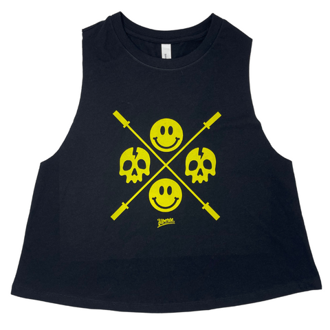 Liberte Lifestyles Gym Fitness Apparel - Happy Skulls Barbell Smiley emoji tank for Crossfit Weightlifting Powerlifitng