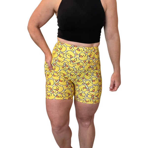 Happy go ducky yellow rubber duck 5" lifestyle shorts - Liberte Lifestyles Gym Shorts and apparel for crossfit weightlifting
