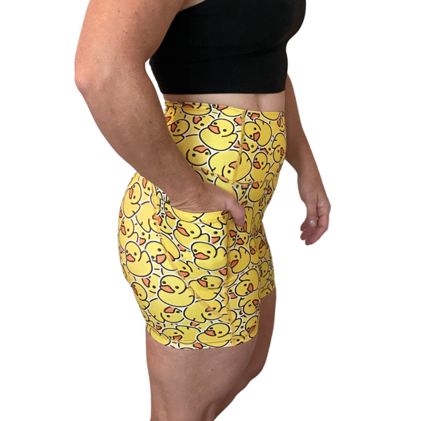 Happy go ducky yellow rubber duck 5" lifestyle shorts - Liberte Lifestyles Gym Shorts and apparel for crossfit weightlifting