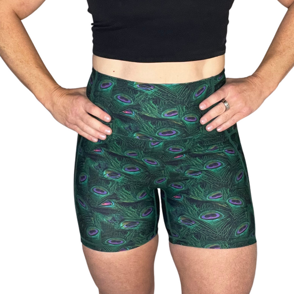 Peacock Power 5" Lifestyle Shorts - Peacock feathers bike shorts for crossfit weighlifting gym - Liberte Lifestyles Shorts and fitness apparel