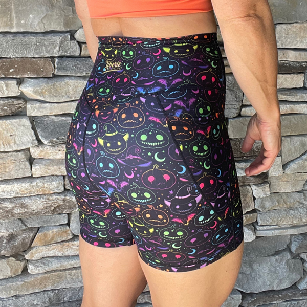 Liberte Lifestyles Gym Fitness Apparel & accessories - halloween workout gear - Halloween shorts spooky smiles witches pumpkins