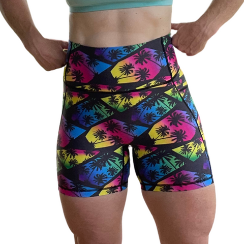 Liberte Lifestyles Gym fitness apparel & accessories - 5" high rise with poickets seamless elastic free shorts rainbow palm trees 