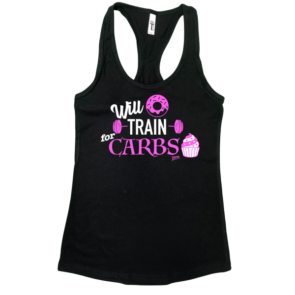 Liberte Lifestyles Gym Fitness Apparel - Will train for carbs racerback tank